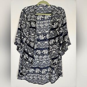 Kimono Coverup Top M blue white elephant print Wide Sleeve Boho Festival